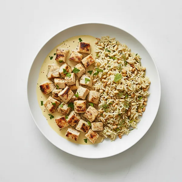 Lemon Tahini Chicken with pine nut pilaf